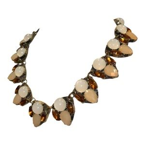 Vintage Rhinestone Statement Necklace Cream Amber Navette J43